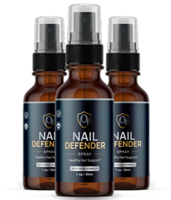 Three Nail Defender Spray bottles with black pump tops and navy labels