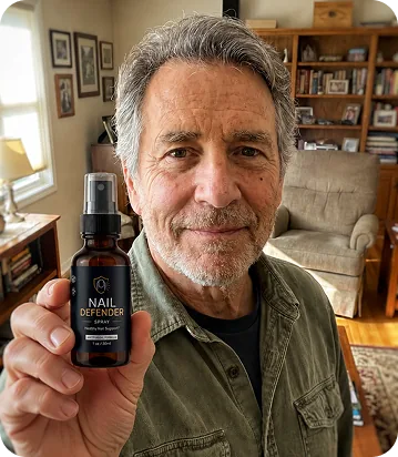 A smiling man holding a Nail Defender Spray bottle at home
